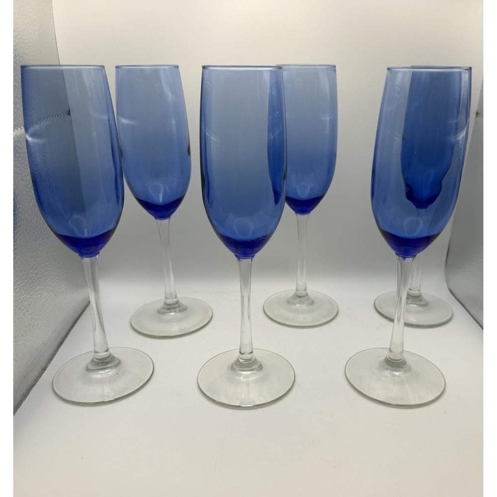 Set of 6 Libbey Vina Blue Fluted Champagne Glasses 9.25" Cobalt Stemware